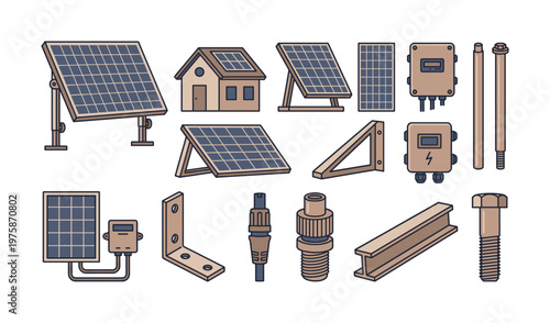 A set of vector icons for solar panel installation. Includes panels, a house, and mounting hardware for renewable green energy projects.