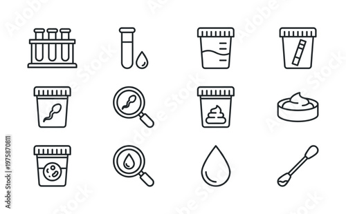 Set of simple line icons for medical tests. Includes symbols for urine, stool, sperm analysis, test tubes, and specimen cups. Perfect for lab or diagnostic concepts.