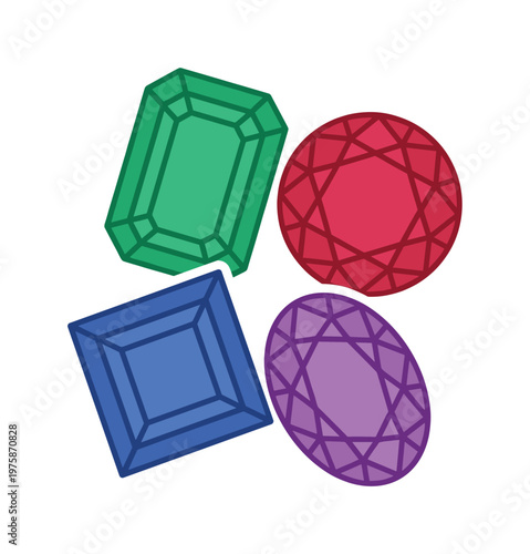 A set of four colorful gemstone icons. Vector illustration of precious gems like ruby, emerald, and sapphire for jewelry design or luxury concepts.