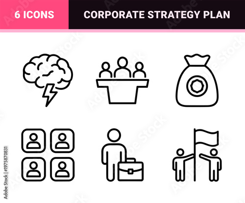 Minimalist office management and corporate workflow line icons set