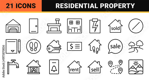 Real estate and property management line icon set in minimalist thin stroke style.