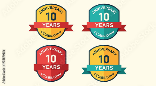 Set of 10 years anniversary celebration badges and emblems