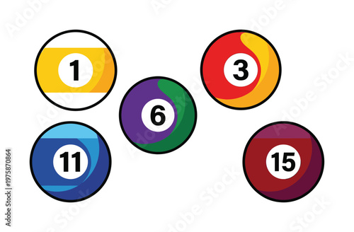A vector set of colorful, numbered pool balls. A modern graphic illustration for sports, games, recreation, or bar-themed designs. Playful and vibrant.