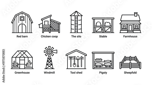 A set of farm icons including a barn, silo, and farmhouse. A clean vector illustration for agriculture, farming, and rural life concepts.