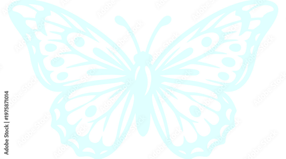 Obraz premium Light blue butterfly vector illustration, ethereal pastel insect silhouette with intricate wing patterns, delicate spring nature graphic element