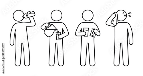 A set of simple line icons showing hydration and dehydration. A stick figure drinks water, mixes a supplement, and sweats. Vector for health and wellness.