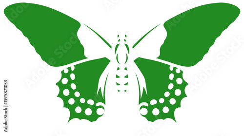 Green butterfly vector silhouette, stylized insect icon with decorative wing patterns, flat nature graphic for eco-friendly branding and logo design