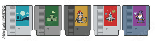 A set of retro video game cartridges with pixel art labels. Vector illustration for nostalgic 8 bit gaming, geek culture, and entertainment themes.