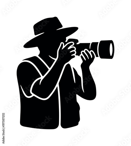 Minimalist black silhouette icon of a photographer with a hat and large camera lens. A versatile vector symbol for travel, wildlife, safari, and creative hobbies.