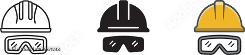 Hard hat with goggles icon, construction safety helmet, engineer hat with protective glasses, safety equipment vector illustration isolated