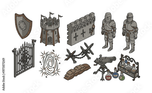 A set of medieval fantasy game assets. Includes isometric knight, castle, magic potions, and defense elements. Perfect for RPG or strategy game interface design.