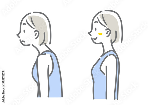 良い姿勢と悪い姿勢　巻き肩　猫背　シンプルでお洒落な線画イラスト