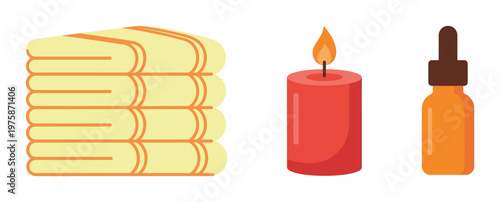 Vector icons for spa and wellness treatment. This set includes folded towels, a candle, and aromatherapy oil for relaxation and self-care.
