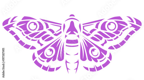 Stylized purple moth vector illustration, decorative butterfly silhouette with ornate wing patterns, mystical insect graphic element for design