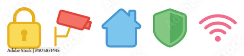 Colorful icon set for home security and smart house technology. Includes lock, camera, house, shield, and wifi symbols. Perfect for web design and app interfaces.