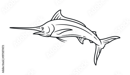 Simple black line art illustration of a marlin fish. This minimalist vector graphic is ideal for a logo, icon, or emblem for fishing or seafood themes.