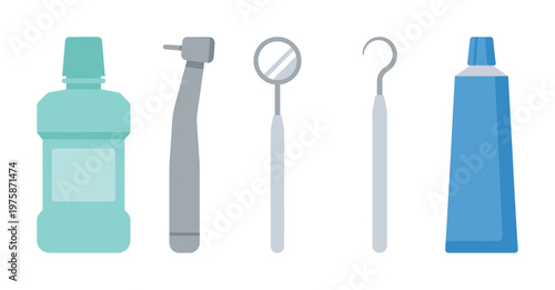 Set of vector icons for dentistry and oral care. Includes dental tools and hygiene products. Perfect for clinic websites, health infographics, and medical concepts.