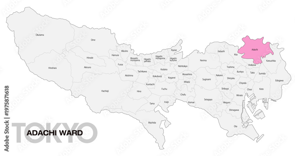 Fototapeta premium [日本地図] 東京都足立区の市区町村名入り位置地図 (英語)