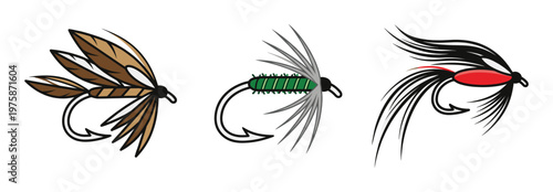 A vector set of three classic fly fishing lures. Colorful illustrations for tackle shop logos, fishing club emblems, or outdoor hobby graphics.