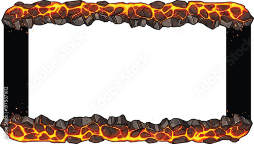 A fiery frame with molten lava and rocks on a white background