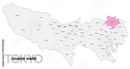 [日本地図] 東京都足立区の市区町村名入り位置地図 (英語)