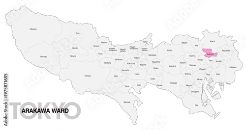 [日本地図] 東京都荒川区の市区町村名入り位置地図 (英語)