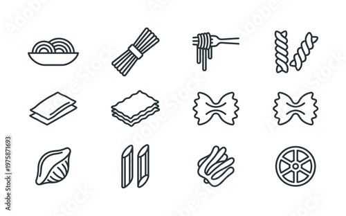 Set of pasta line icons. Italian food symbols for restaurant menu, web design, app, or culinary projects. Minimalist vector illustration of various noodle shapes.