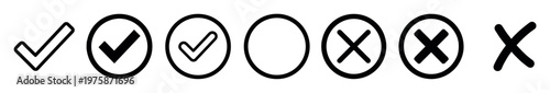 A set of black vector check and cross icons. Yes, no, approve, and reject symbols for voting, surveys, or UI design. Simple checkbox illustrations.