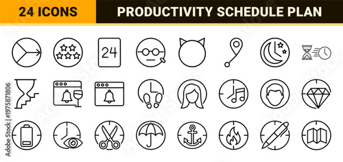 Time and productivity minimalist line icon set