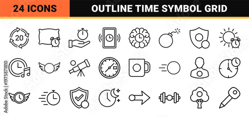 Minimalist time management and productivity outline icon set