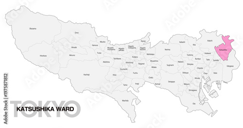[日本地図] 東京都葛飾区の市区町村名入り位置地図 (英語)