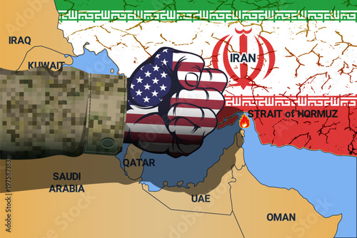 Vector schematic map, islamic republic of iran, neighboring countries, cracks. Powerful clenched fist of american soldier in combat uniform with shadow. Military. Strike. Strait of Hormuz. Flames