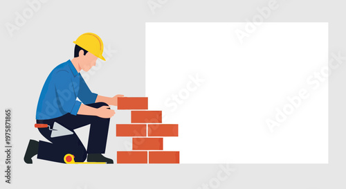 Construction worker or mason building a red brick wall with tools and safety helmet, professional flat vector illustration with copy space