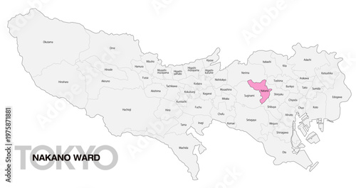 [日本地図] 東京都中野区の市区町村名入り位置地図 (英語)