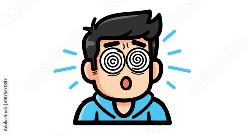 Vector illustration of a dazed young man with spiral eyes feeling dizzy and hypnotized, cartoon style character icon on white background
