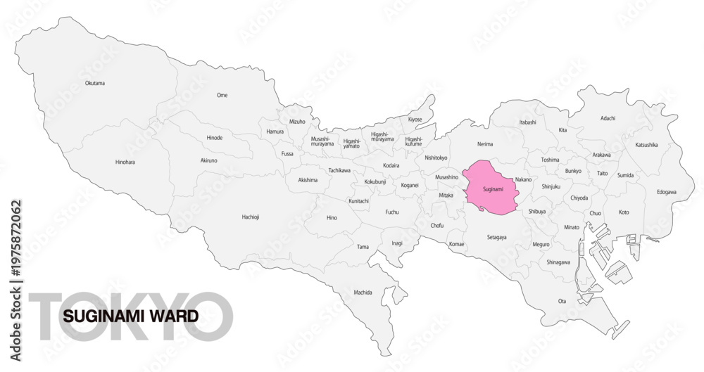 Fototapeta premium [日本地図] 東京都杉並区の市区町村名入り位置地図 (英語)