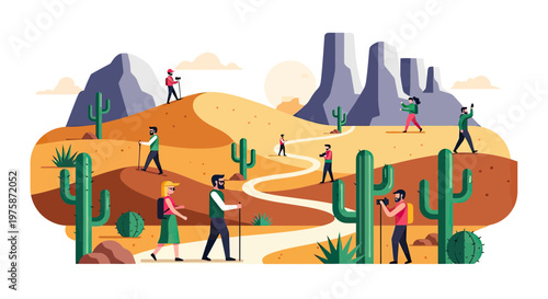 Group of hikers and photographers exploring a scenic desert landscape with sand dunes, cacti, and mountains