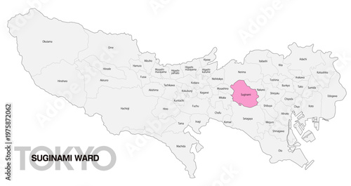[日本地図] 東京都杉並区の市区町村名入り位置地図 (英語)