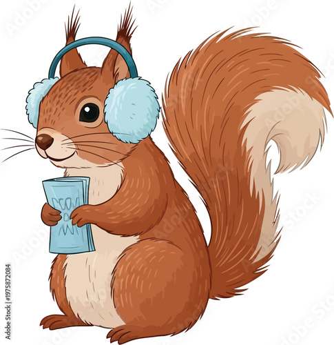A cartoon squirrel wearing blue earmuffs and holding a cup of coffee