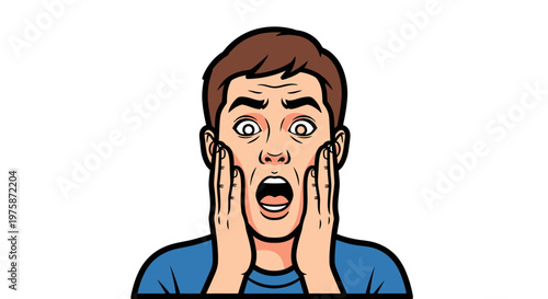 Shocked and Surprised Young Man with Hands on Face, Vector Illustration of Facial Expression of Amazement or Fear