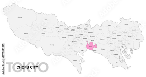 [日本地図] 東京都調布市の市区町村名入り位置地図 (英語)