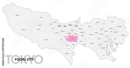 [日本地図] 東京都府中市の市区町村名入り位置地図 (英語)
