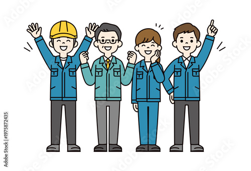 元気で明るい職場の同僚、上司と部下、工場勤務の男女の社員の全身ベクターイラスト素材セット