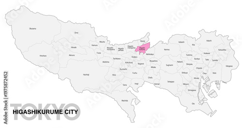 [日本地図] 東京都東久留米市の市区町村名入り位置地図 (英語)