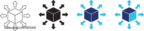 Product distribution icon for logistics and supply flow. shipping, warehouse management, fulfillment and scalable product distribution for business and ecommerce use. Cube with arrows for delivery,