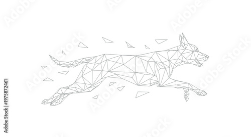 Running Belgian Malinois Dog in Low Poly Geometric Wireframe Style, Minimalist Vector Illustration of a Jumping German Shepherd for Tech and Sport Branding