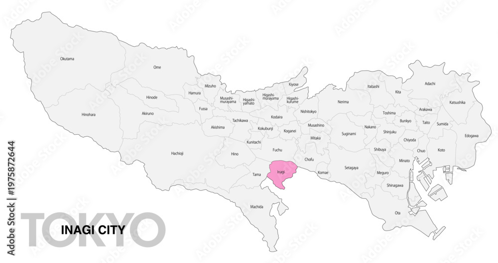 Fototapeta premium [日本地図] 東京都稲城市の市区町村名入り位置地図 (英語)