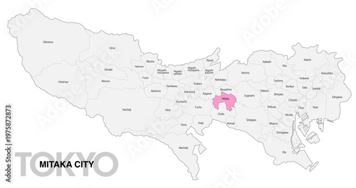 [日本地図] 東京都三鷹市の市区町村名入り位置地図 (英語)
