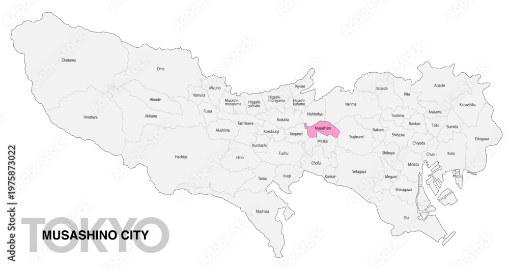 Fototapeta premium [日本地図] 東京都武蔵野市の市区町村名入り位置地図 (英語)