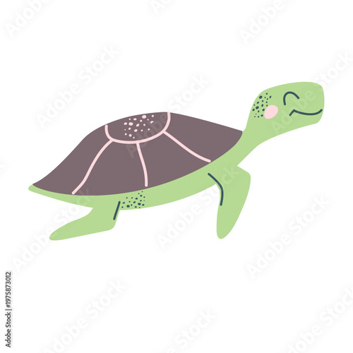 Turtle cute character for kids baby design. Sea turtle animal clipart. Green ocean life illustration for nursery print and baby shower card